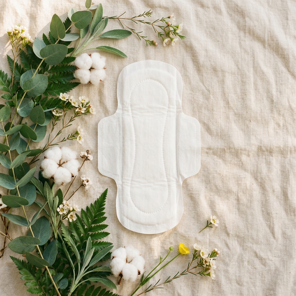 Snowflake biodegradable sanitary pad with natural leaves